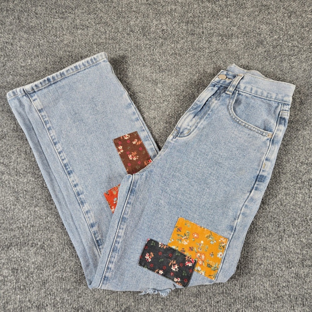 Cider Patchwork Distressed Jeans Womens XS Blue Floral Straight Leg y2k hobo